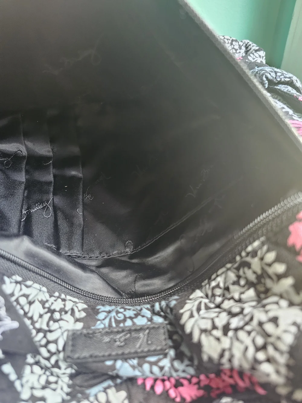 Vera Bradley Black Quilted Backpack with Pink & Gray Leaf Print OS